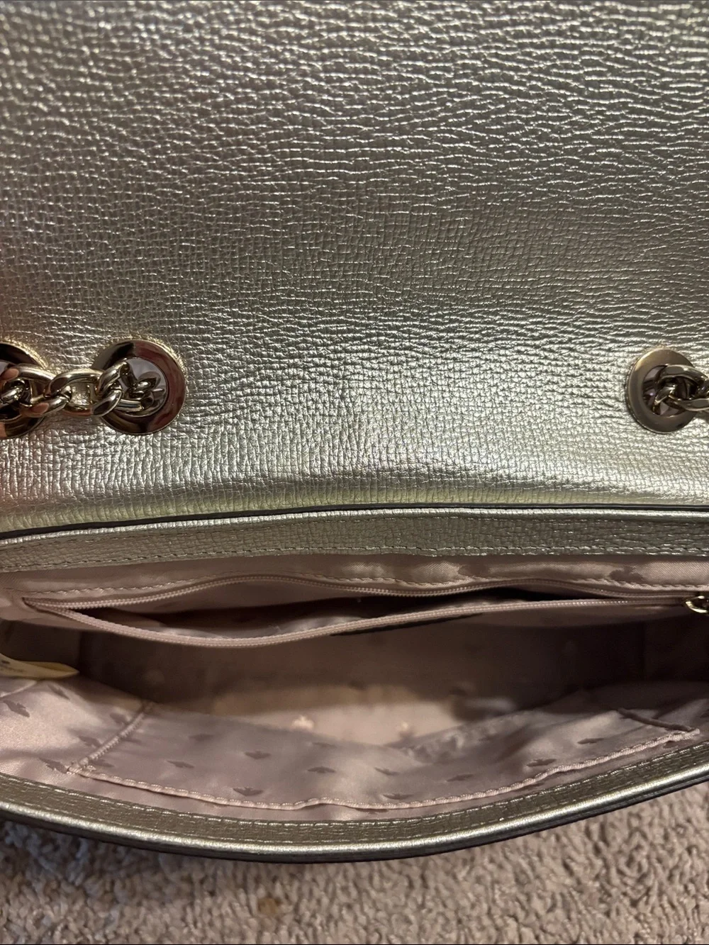 kate spade Metallic Silver Pebbled Leather Chain Shoulder Bag